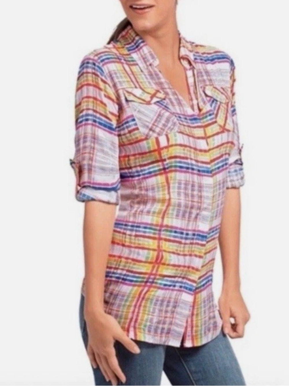 CAbi 797 Colorful Plaid Cirque Rayon Button Front Roll Tab Cuff Sleeve Top Sz M